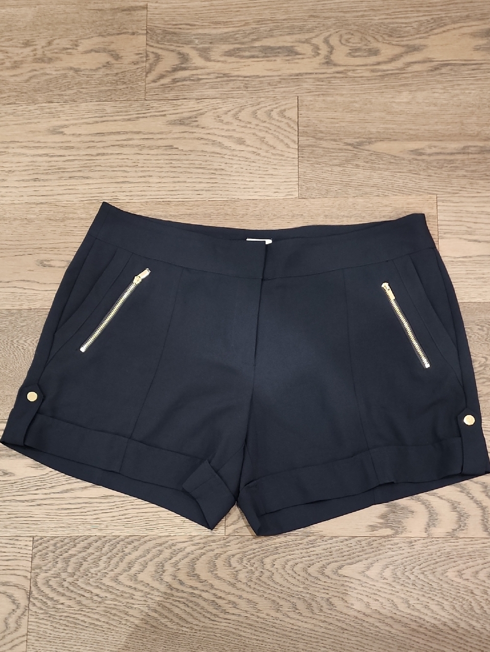 Cache Navy High-Waist Dress Shorts with Gold Accents